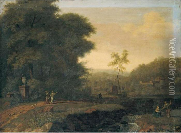 A Classical Landscape With Travellers Resting Beside A Stream, Other Figures On A Path Oil Painting - Jan Van Huysum