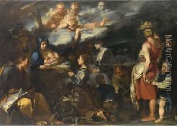 Adorazione Del Bambino Con San Luca Oil Painting - Carlo Vimercati