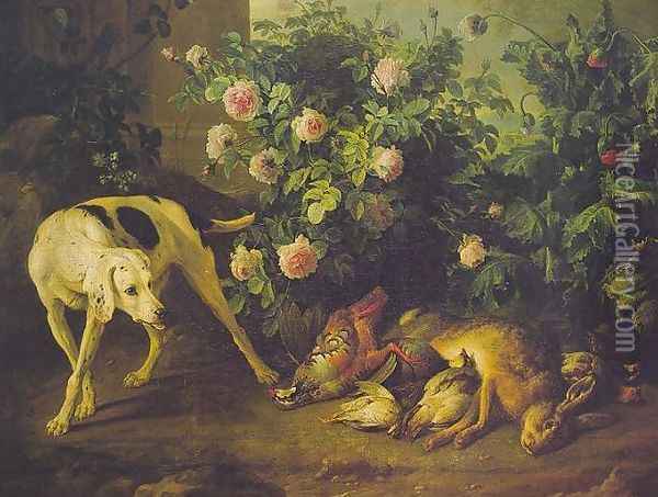 Dog Guarding Game near a Rosebush Oil Painting - Alexandre-Francois Desportes