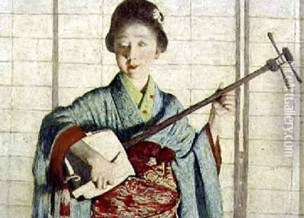 A Primrose Dame a Japanese Girl Playing a Samisen Oil Painting - Mortimer Ludington Menpes