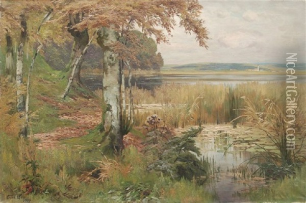 Herbstlicher Weiher Im Voralpenland Oil Painting - Oskar Leu