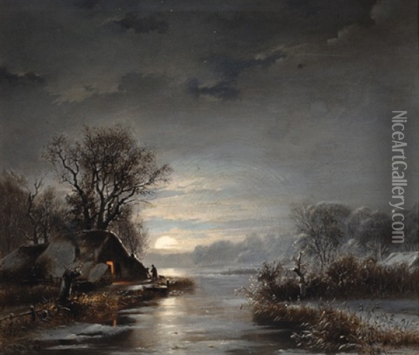 Winter Landscape By Evening Oil Painting - George Gillis van Haanen