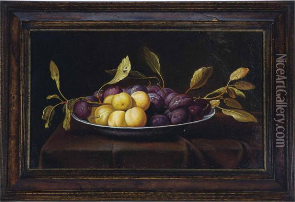 Bowl Of Plums On A Draped Table Oil Painting - Jacob Fopsen van Es