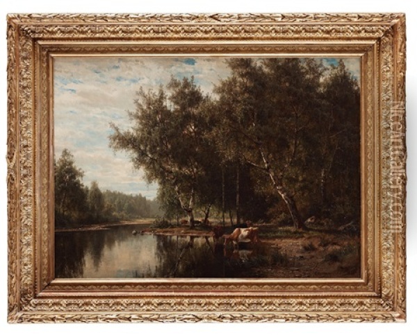 Landskap Med Bjorkskog Och Kor Vid Vattendrag Oil Painting - Edward (Johan-Edvard) Bergh
