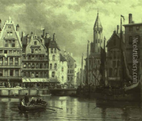 Ansicht Einer Hafenstadt In Belgien Oil Painting - Charles Euphrasie Kuwasseg
