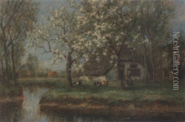 A Spring Landscape With A Cottage And Figure Oil Painting - Willem Hendriks