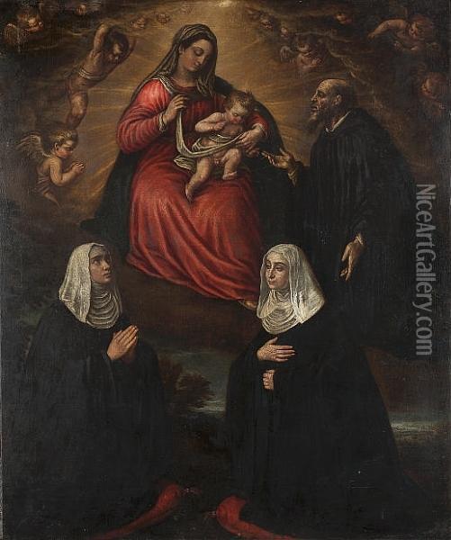 The Madonna And Child Appearing In A Vision To Two Donor Nuns And A Donor Saint Oil Painting - Leandro Bassano
