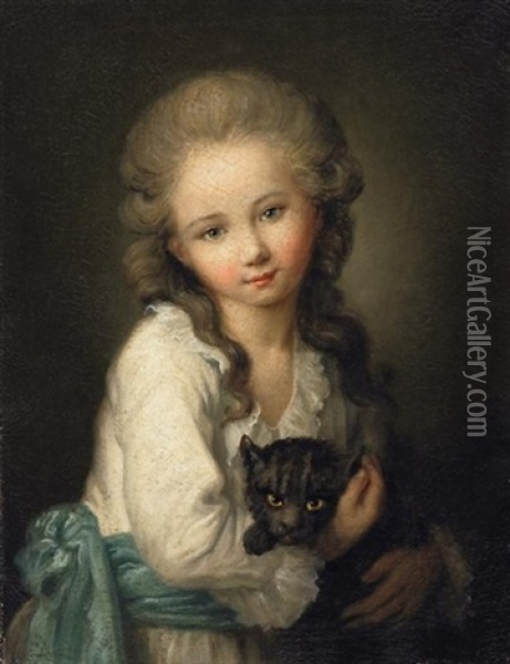 Portrat Eines Jungen Madchens, Eine Schwarze Katze In Den Armen Haltend Oil Painting - Jean-Baptiste Perronneau