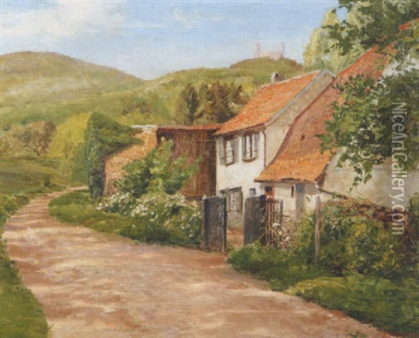 Am Dorfrand Mit Blick Auf Hugelige Landschaft Und Burgruine Oil Painting - Eugene Froment