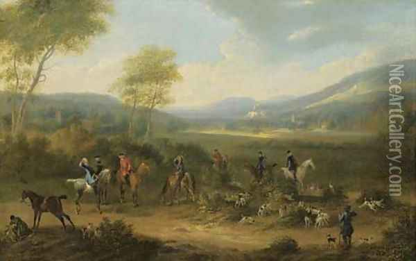 A Hunting Party With Hounds In An Extensive River Landscape Oil Painting - James Ross