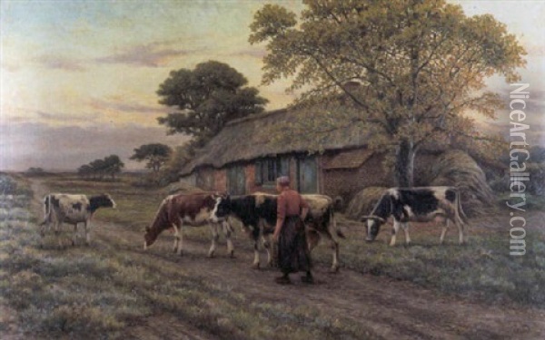 Koeienhoedster Bij De Hoeve Oil Painting - Henri Houben