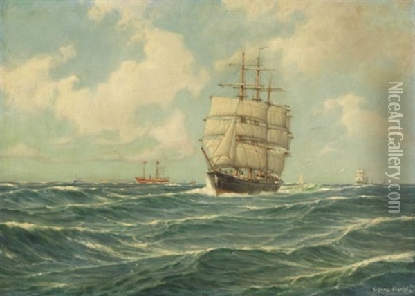 Vollschiff Und Feuerschiff In Der Elbmundung Oil Painting - Carl Wilhelm Hugo Schnars-Alquist