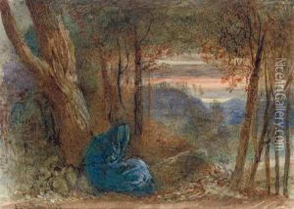 A Wayfarer Resting By A Lake Oil Painting - James Smetham