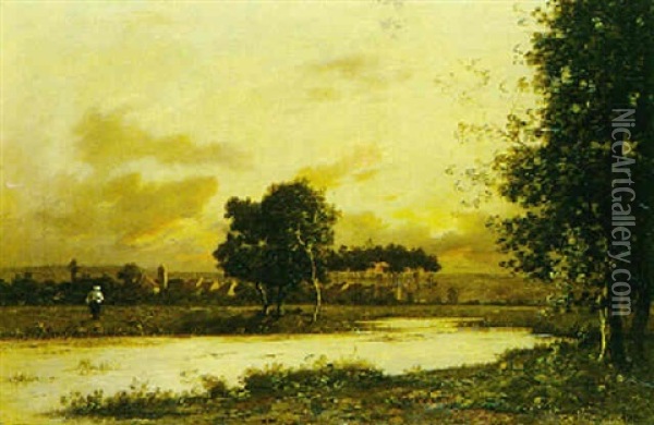 Flusslandschaft Im Abendlicht Oil Painting - Leon Richet