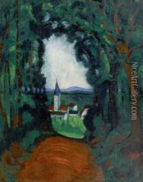 Le Village Vu Depuis La Foret Oil Painting - Andre Utter