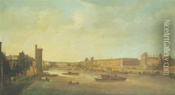 Vue Du Louvre Depuis Le Pont Neuf Avec La Tour De Nesle Oil Painting - Hendrick Mommers
