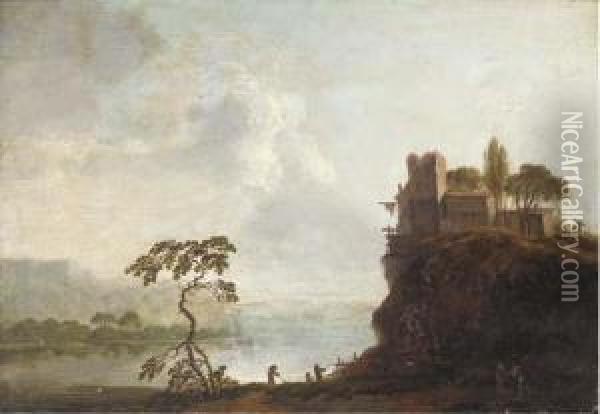 A River Landscape With A Hilltop Village And Anglers In The Foreground Oil Painting - Christian Hilfgott Brand