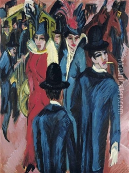 Berliner Strassenszene (+ Baume, Verso) Oil Painting - Ernst Ludwig Kirchner