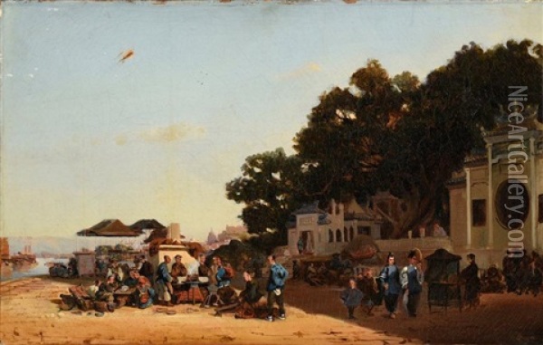 Scene De Port Sur La Pearl River Oil Painting - Auguste Borget