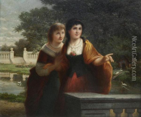 Two Girls In The Park Oil Painting - Jozef Cornelius Correns