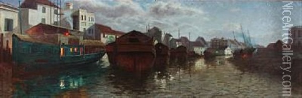 Harbour Scene From Indochina Oil Painting - Andre Delacroix