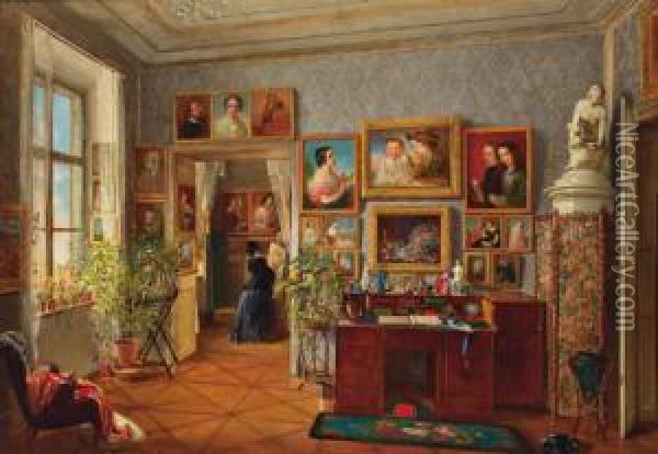 Interieur Mit Malerin An Der Staffelei Oil Painting - Emilie Schmack