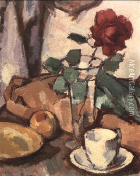 Crimson Rose In A Glass Vase With A Cup, Saucer And Apple On A Table Oil Painting - Samuel John Peploe