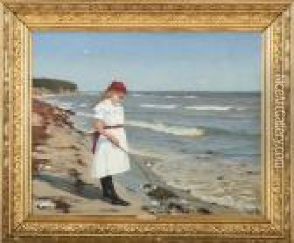 A Young Girl In A White Dress At Nyborg Beach Oil Painting - Hans Anderson Brendekilde
