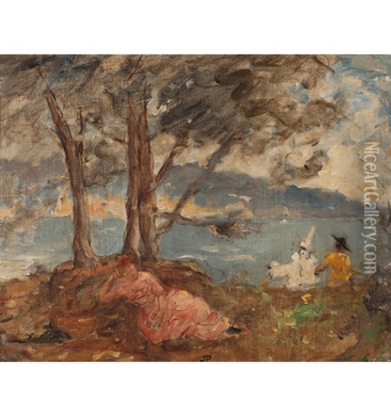 Landschaft Mit Ruhender Frau Und Arlequins Oil Painting - Paul Albert Laurens