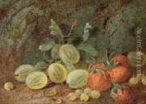 Primroses, Azaleas And May Blossom; And Gooseberries And Strawberries Oil Painting - Vincent Clare