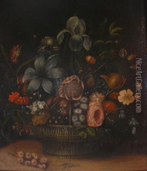 Still Life Of Flowers In A Basket Oil Painting - Daniel Seghers