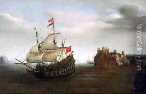 A Castle with a Dutch Ship Sailing Nearby Oil Painting - Cornelis Hendricksz. The Younger Vroom