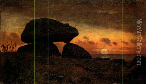 Rocks At Sunset Oil Painting - Johan Thomas Lundbye