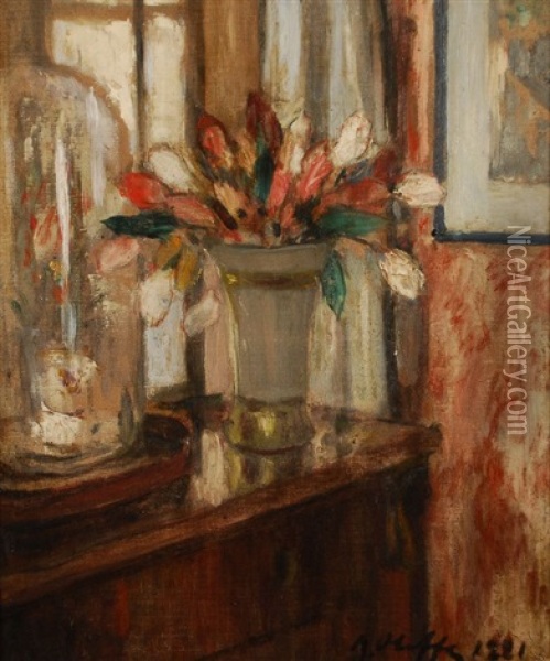 Vase De Fleurs Sur Une Commode Oil Painting - Auguste Oleffe