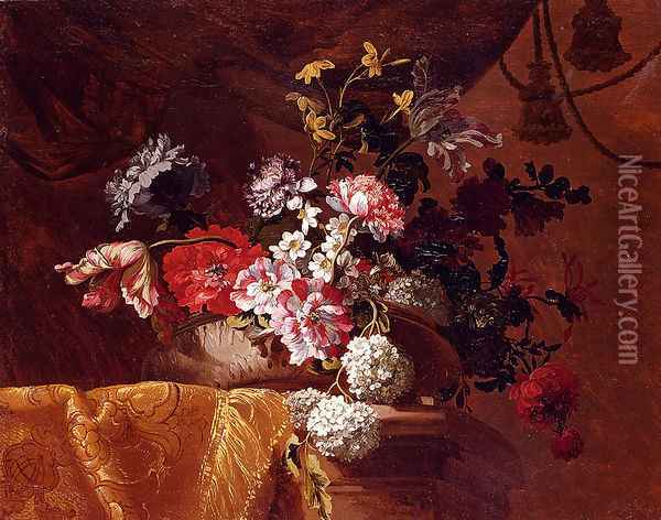 Still Life Of Hydrangeas, Convolvuli, Peonies And Other Flowers In An Urn On A Draped Stone Ledge Oil Painting - Jean-Baptiste Monnoyer