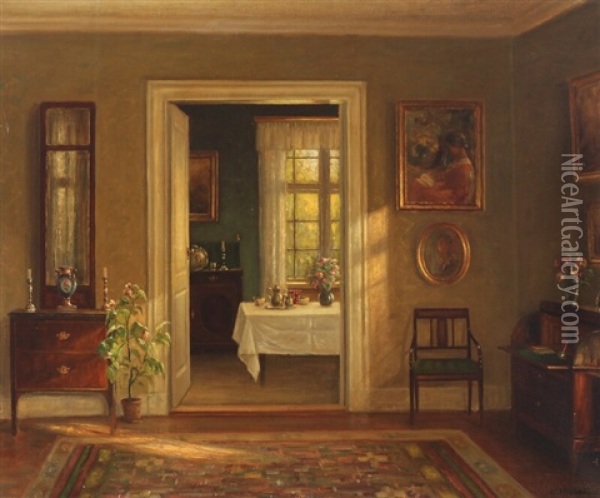 Interior With Light In The Living Rooms Oil Painting - Hans Hilsoe