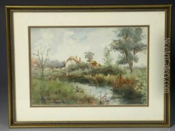 Maurice Randall - A Summer Riverscape With Afisherman In The Foreground And Cottages Beyond , Signed, Framedand Glazed, 7 Oil Painting - Maurice Randall
