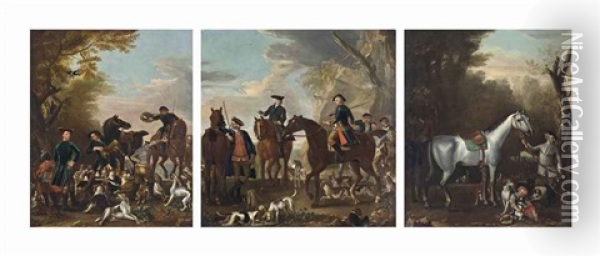 Viscount Weymouth's Hunt: The Death Of The Fox; Coming At The Death; And Returning From The Chase (3 Works) Oil Painting - John Wootton