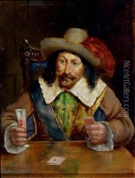 A Gentleman In 17th Century Dress Playing Cards At A Table Oil Painting - David W. Haddon