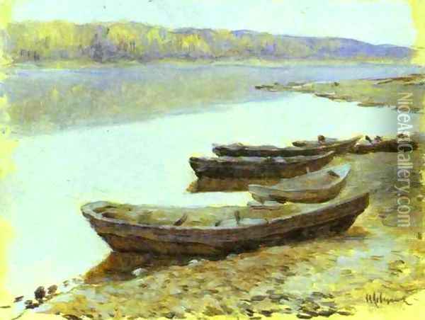Landscape on the Volga Boats by the Riverbank Oil Painting - Isaak Ilyich Levitan