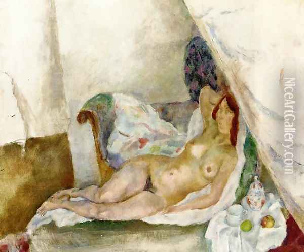 Nude with Drapery Oil Painting - Jules Pascin