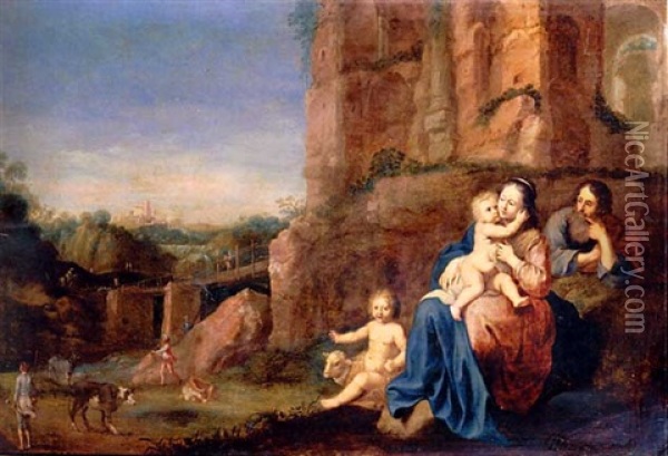 The Holy Family And The Infant Saint John The Baptist In A Landscape Oil Painting - Bartholomeus Breenbergh