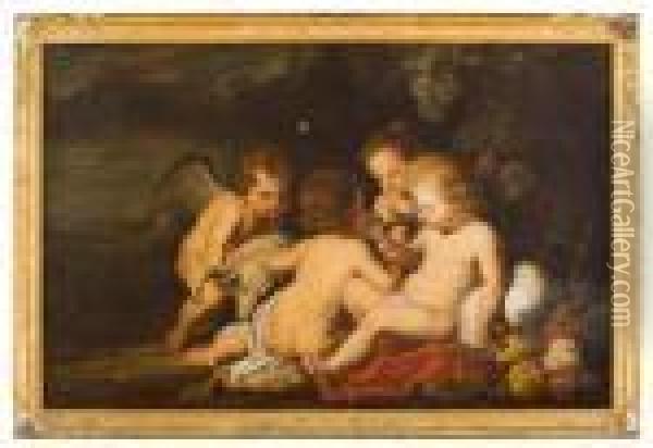 Gesu Bambino, San Giovannino E Due Cherubini In Paesaggio Con
Natura Morta Di Frutta Oil Painting - Peter Paul Rubens