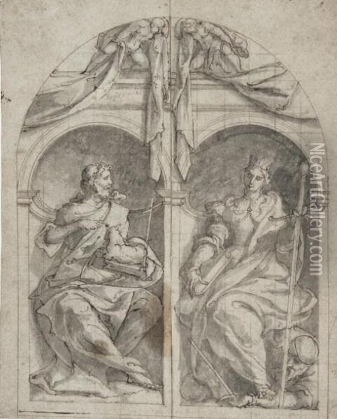 Saint Jean-baptiste Et L'allegorie De La Foi Oil Painting - Pieter Coecke Van Aelst