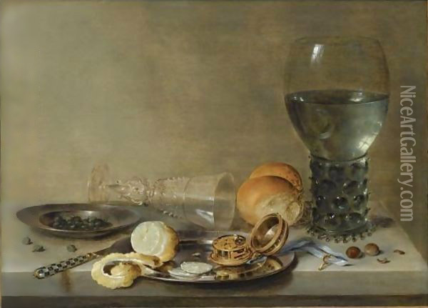 Still Life Of A Roemer And A Facon De Venise, A Partly Peeled Lemon, A Pocket-Watch And Capers On Pewter Plates Oil Painting - Willem Claesz. Heda