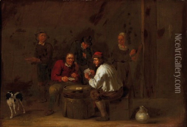 Peasants Drinking In An Interior; And Peasants Playing Cards In An Interior Oil Painting - Jean Baptiste Nollekens