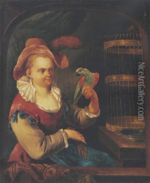 A Lady With A Parrot At A Casement Oil Painting - Johann Conrad Seekatz