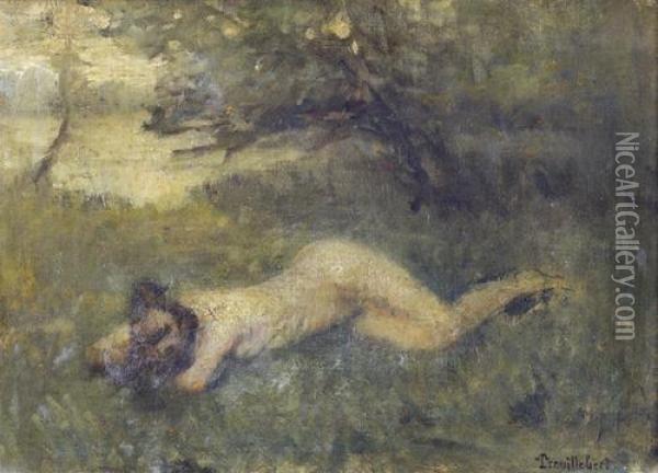Liegender Weiblicher Akt Im Gras. Oil Painting - Paul Trouillebert