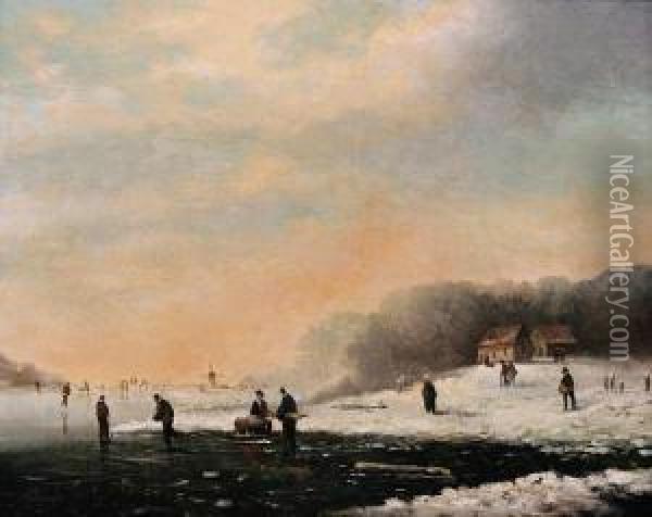 Winter Landscape With Skaters Oil Painting - Louis Claude Malbranche