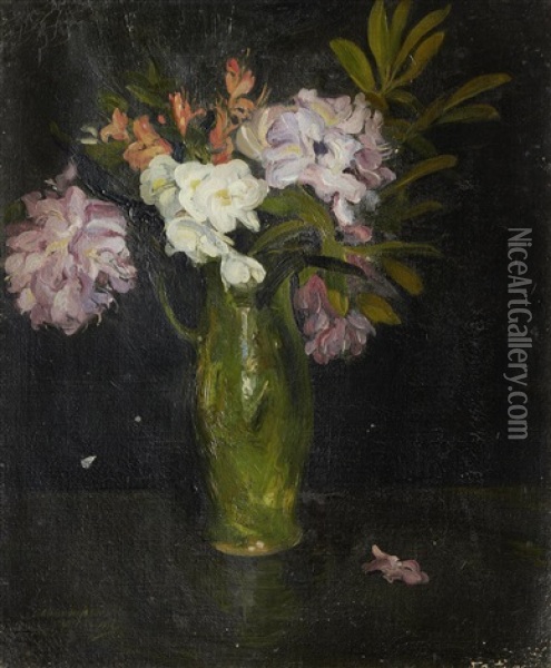 Still Life With Rhododendron In A Green Jug Oil Painting - Alexander Jamieson